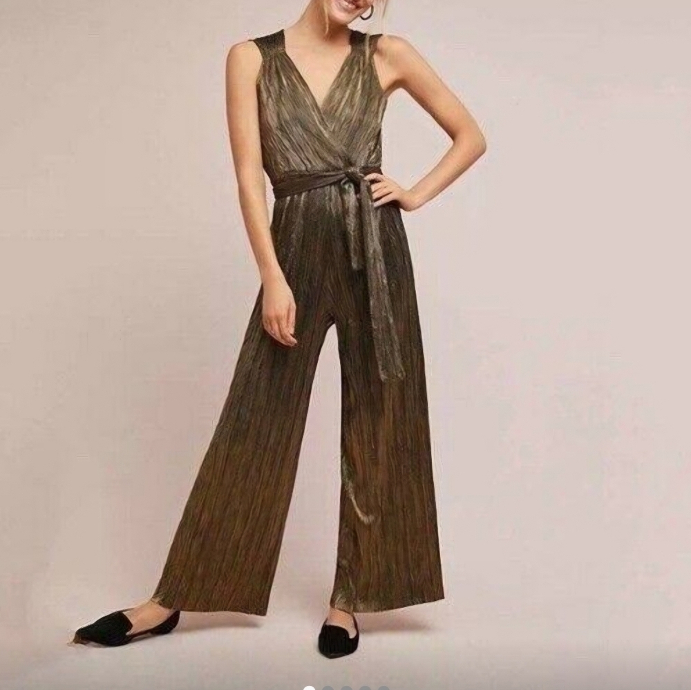 Vanessa Virginia By Anthropolgie Metallic Bronze Wide Leg Jumpsuit